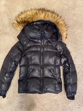 S13 New York Black Puffer Jacket with Faux-Fur Trim Hood- great condition